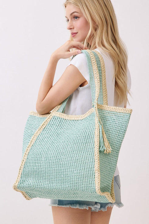 Island Escape Mint Two-Tone Woven Straw Tassel Tote
