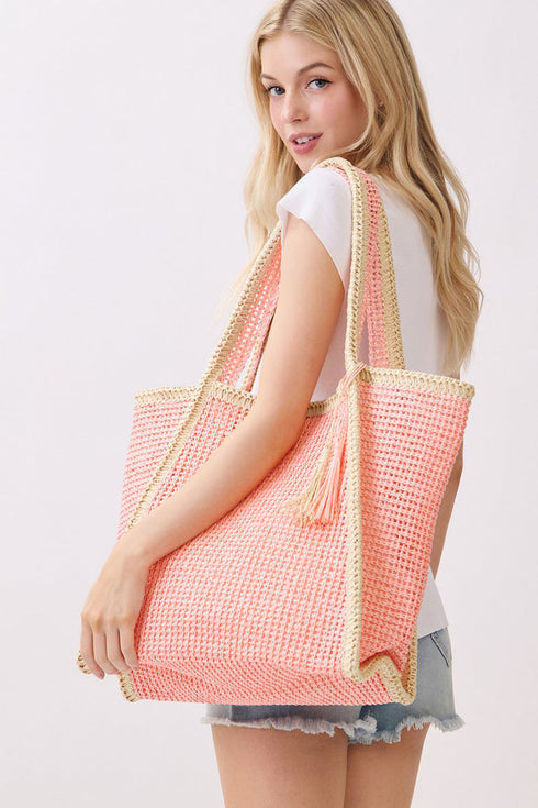 Island Escape Pink Two-Tone Woven Straw Tassel Tote