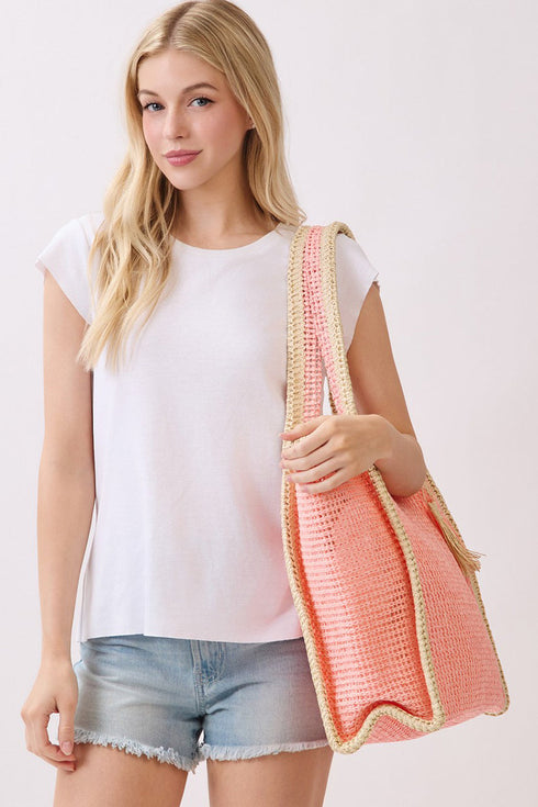 Island Escape Pink Two-Tone Woven Straw Tassel Tote
