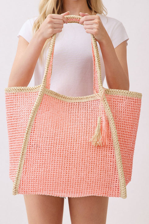 Island Escape Pink Two-Tone Woven Straw Tassel Tote