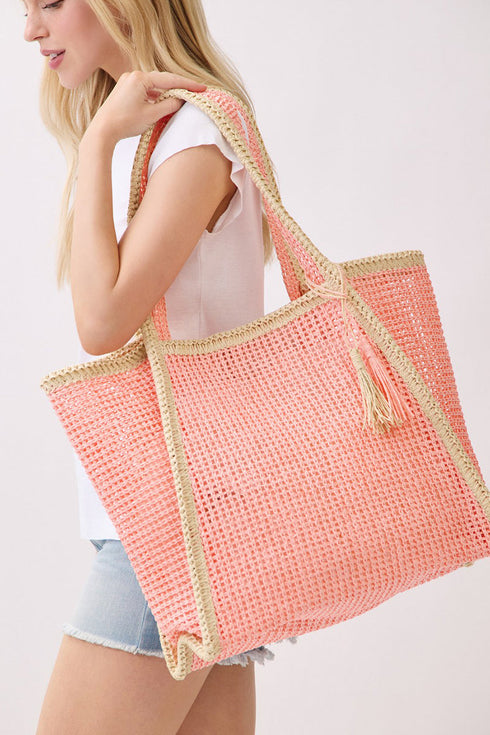 Island Escape Pink Two-Tone Woven Straw Tassel Tote