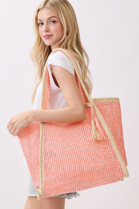 Island Escape Pink Two-Tone Woven Straw Tassel Tote
