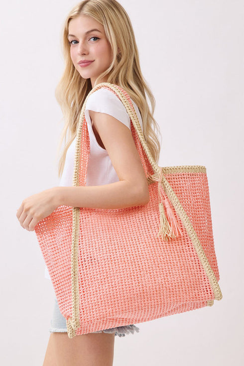 Island Escape Pink Two-Tone Woven Straw Tassel Tote