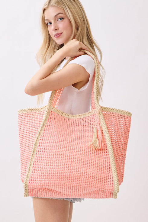 Island Escape Pink Two-Tone Woven Straw Tassel Tote