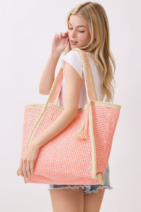Island Escape Pink Two-Tone Woven Straw Tassel Tote
