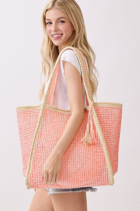 Island Escape Pink Two-Tone Woven Straw Tassel Tote