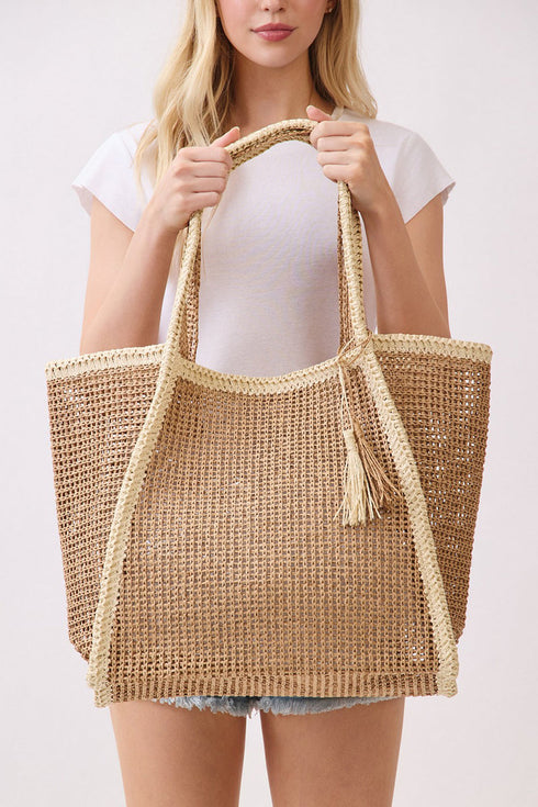 Island Escape Tan Two-Tone Woven Straw Tassel Tote
