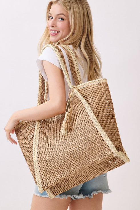 Island Escape Tan Two-Tone Woven Straw Tassel Tote
