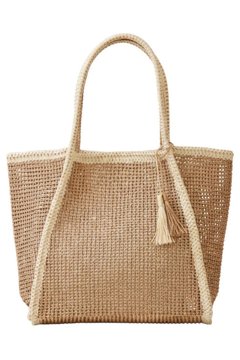 Island Escape Tan Two-Tone Woven Straw Tassel Tote