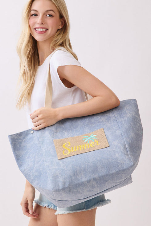 Summer Patch Navy Canvas Cinch Tote