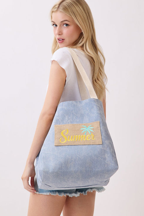 Summer Patch Navy Canvas Cinch Tote