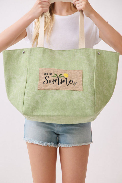 Hello Summer Patch Olive Canvas Cinch Tote