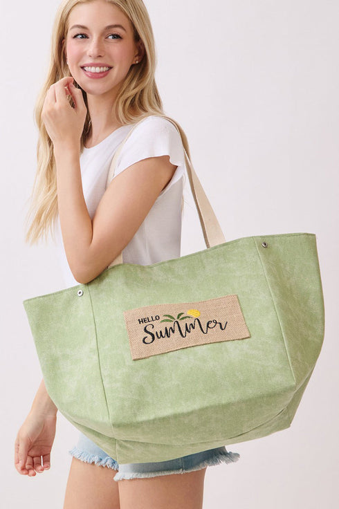 Hello Summer Patch Olive Canvas Cinch Tote