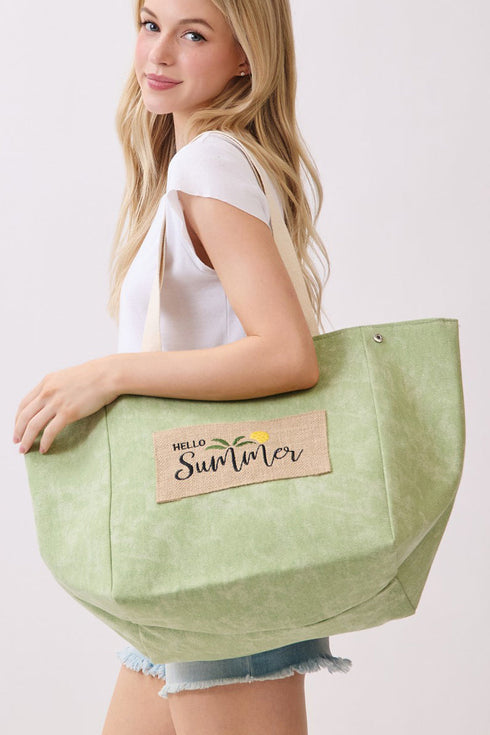 Hello Summer Patch Olive Canvas Cinch Tote