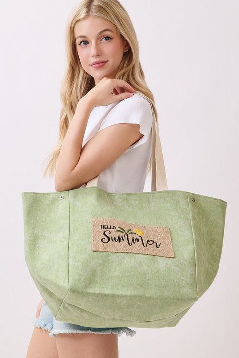 Hello Summer Patch Olive Canvas Cinch Tote
