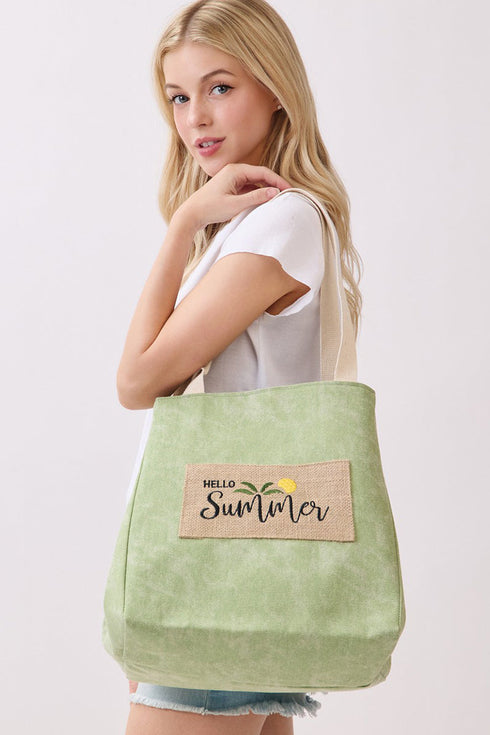 Hello Summer Patch Olive Canvas Cinch Tote