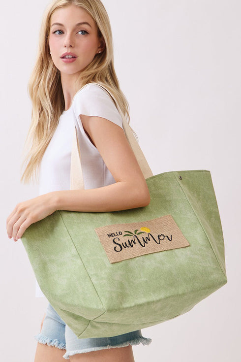 Hello Summer Patch Olive Canvas Cinch Tote