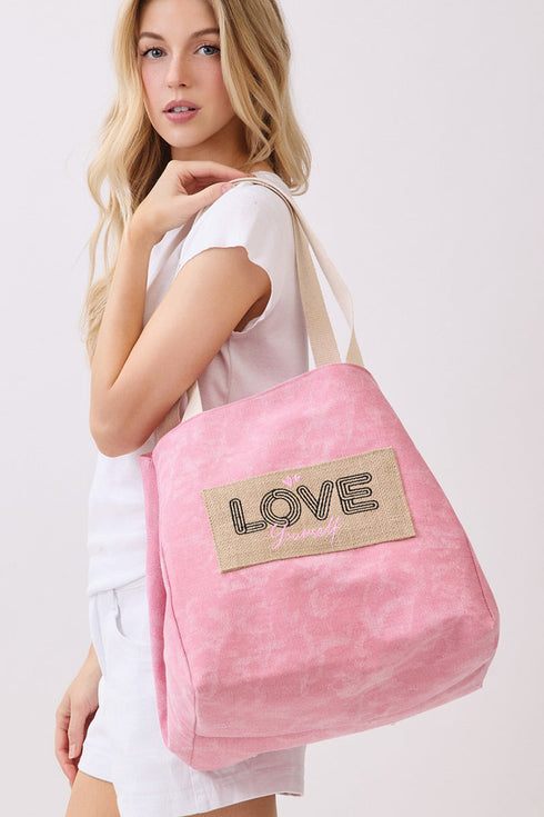 Love Yourself Patch Pink Canvas Cinch Tote