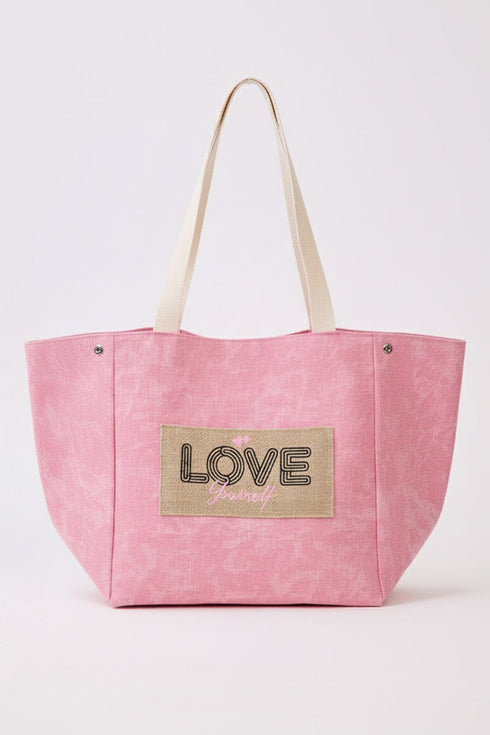 Love Yourself Patch Pink Canvas Cinch Tote