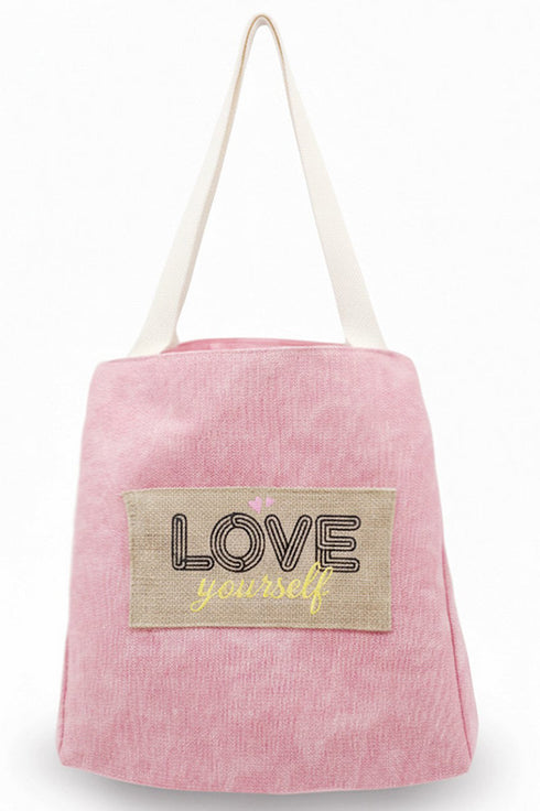 Love Yourself Patch Pink Canvas Cinch Tote
