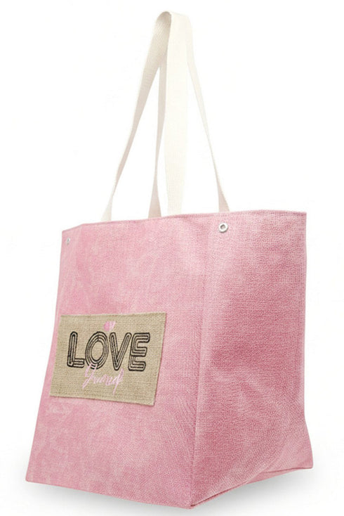 Love Yourself Patch Pink Canvas Cinch Tote
