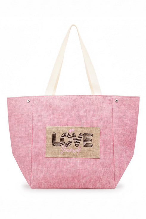 Love Yourself Patch Pink Canvas Cinch Tote
