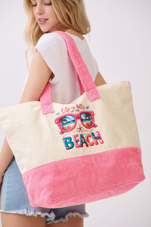 Life Is Better At The Beach Hot Pink Terry Tote