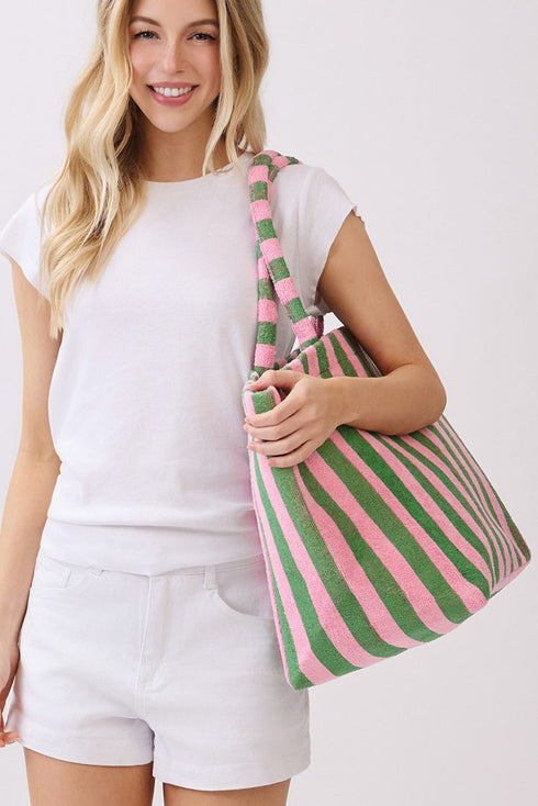 Shoreline Edit Pink and Green Striped Terry Tote