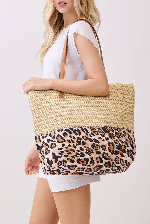 City to Coast Beige Straw and Leopard Tote Bag