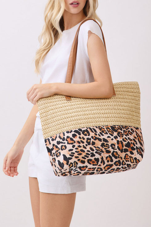 City to Coast Beige Straw and Leopard Tote Bag