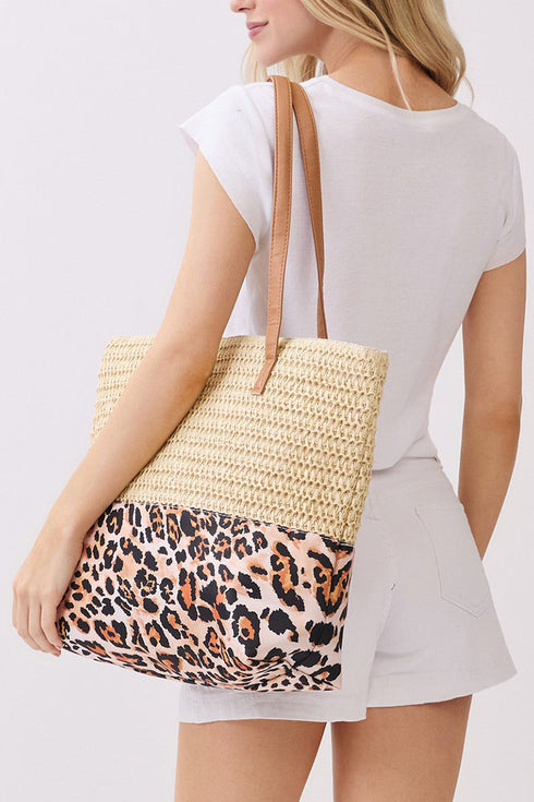 City to Coast Beige Straw and Leopard Tote Bag