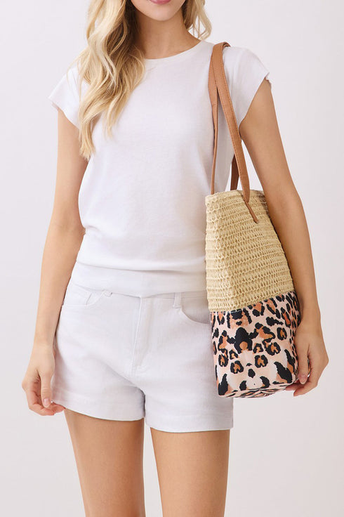 City to Coast Beige Straw and Leopard Tote Bag