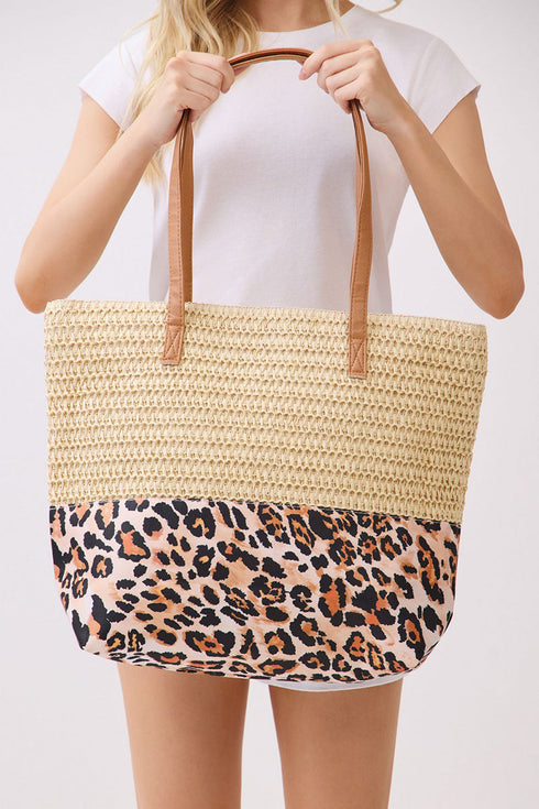 City to Coast Beige Straw and Leopard Tote Bag