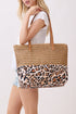 City to Coast Taupe Straw and Leopard Tote Bag