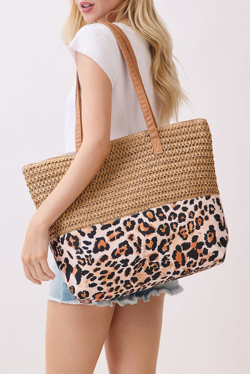 City to Coast Taupe Straw and Leopard Tote Bag