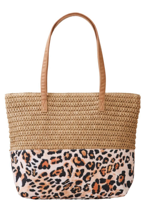 City to Coast Taupe Straw and Leopard Tote Bag