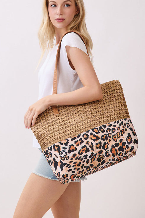 City to Coast Taupe Straw and Leopard Tote Bag