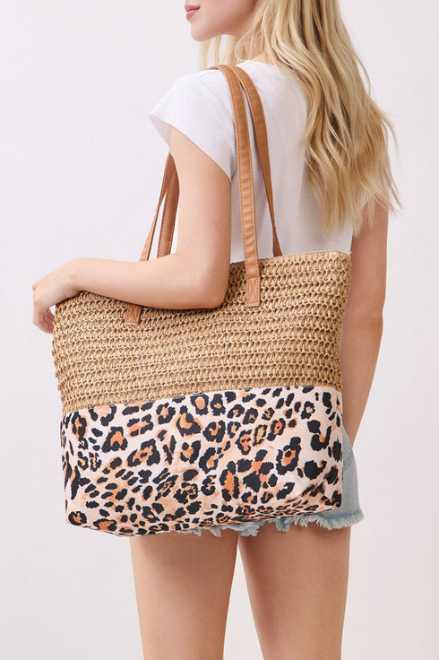 City to Coast Taupe Straw and Leopard Tote Bag