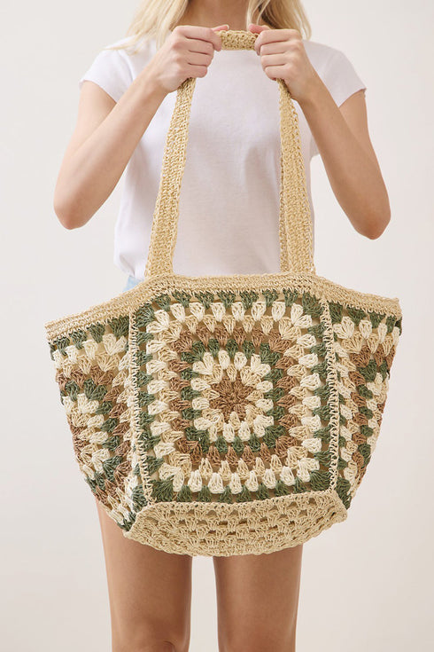 Vintage Beige Granny Square Tote