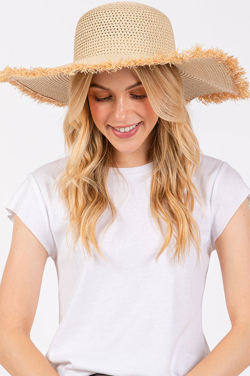 Sunchaser Beige Frayed Straw Floppy Hat