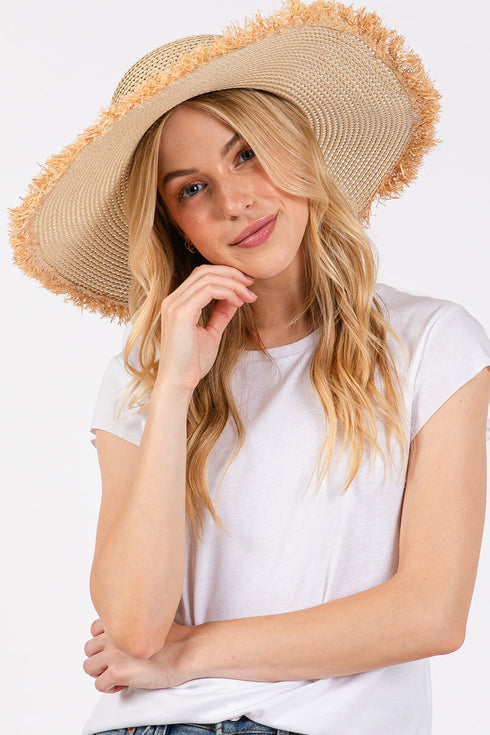 Sunchaser Beige Frayed Straw Floppy Hat