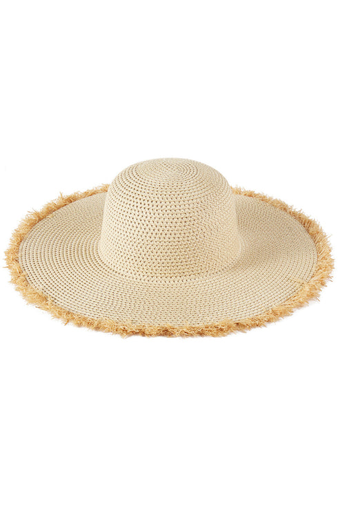 Sunchaser Beige Frayed Straw Floppy Hat