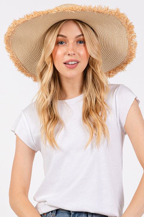 Sunchaser Beige Frayed Straw Floppy Hat