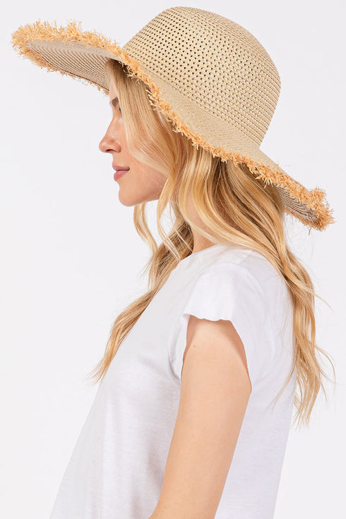 Sunchaser Beige Frayed Straw Floppy Hat