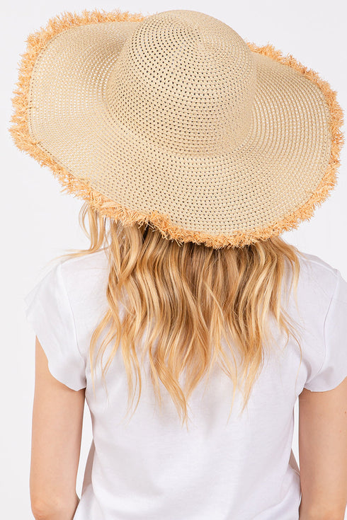 Sunchaser Beige Frayed Straw Floppy Hat