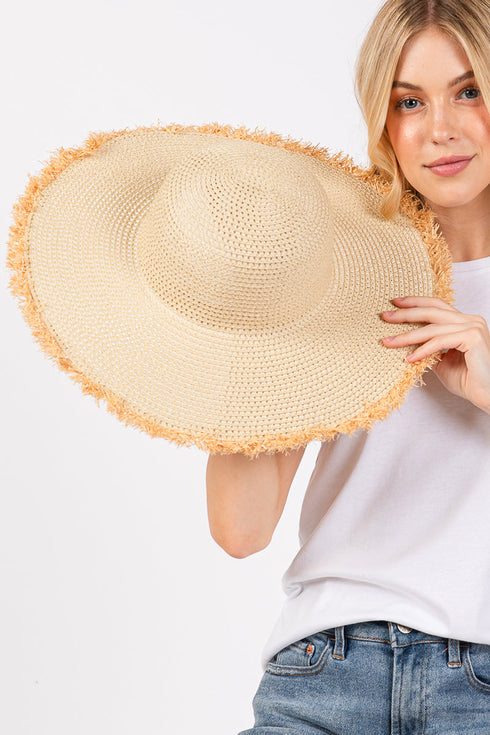 Sunchaser Beige Frayed Straw Floppy Hat