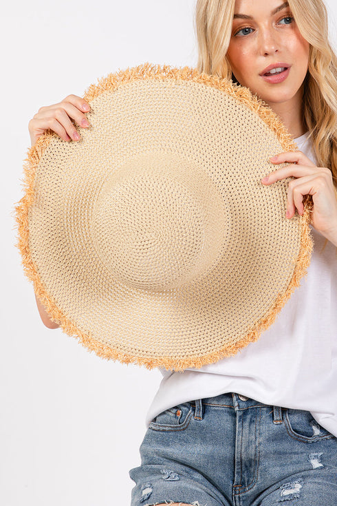 Sunchaser Beige Frayed Straw Floppy Hat