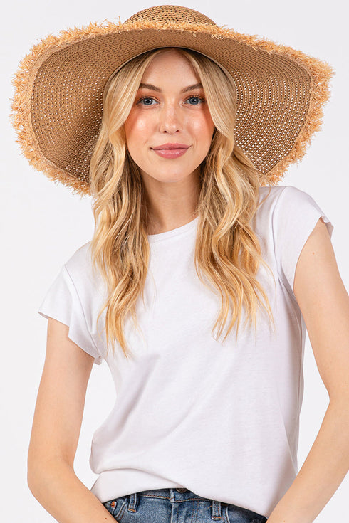 Sunchaser Taupe Frayed Straw Floppy Hat