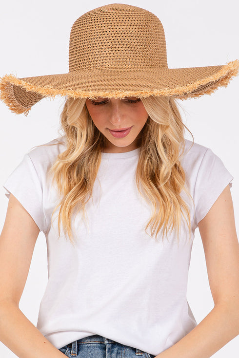 Sunchaser Taupe Frayed Straw Floppy Hat