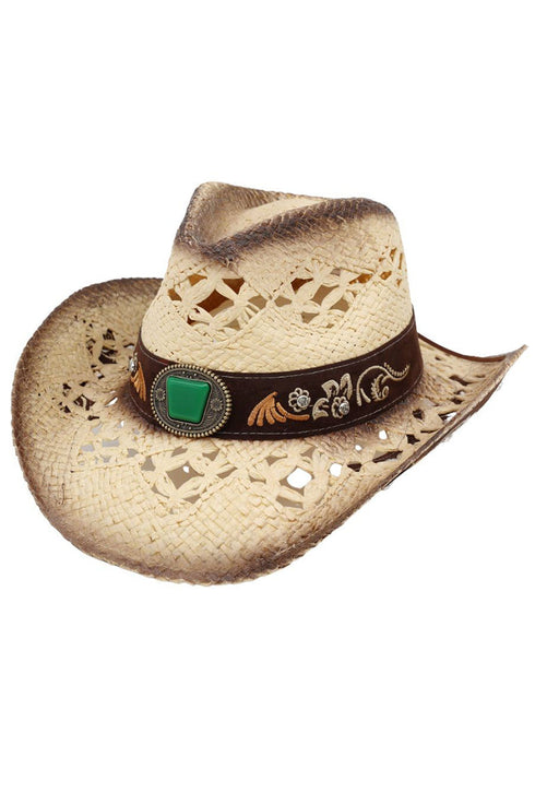 Sierra Verde Beige Vintage Straw Cowgirl Hat
